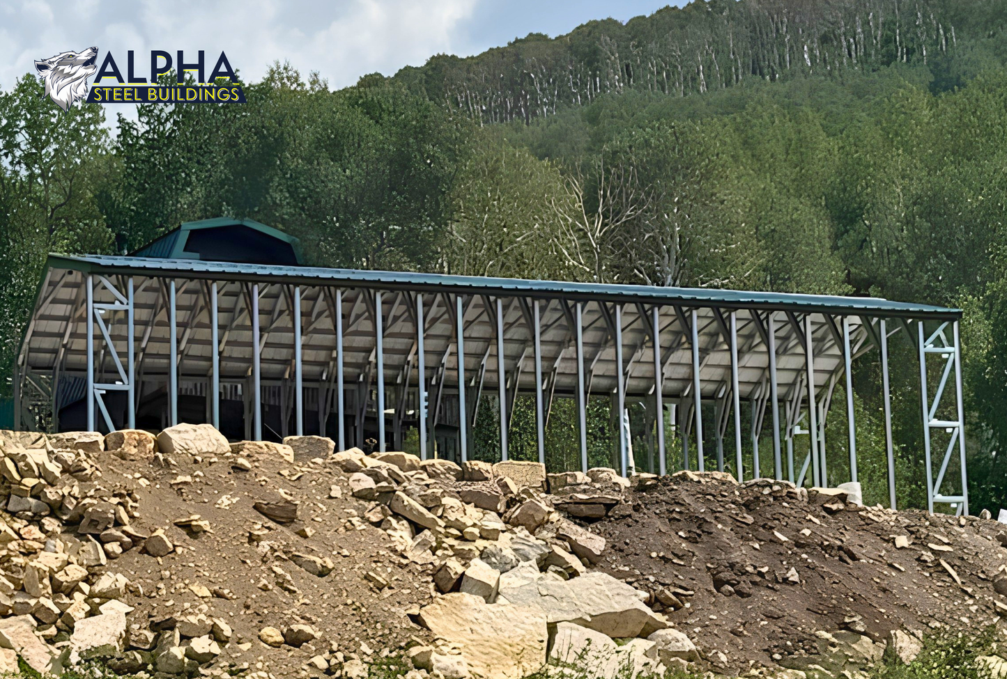 Side view of an 18'x44'x13' open steel carport with a vertical roof, heavy-duty 14-gauge framing, and engineered 156 PSF ground snow load rating.