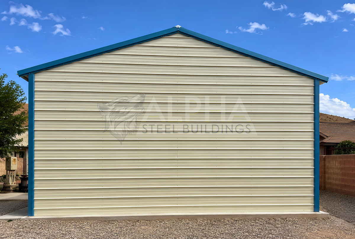 24'x35'x14' A-frame steel garage rear view with vertical roof, horizontal wall panels, and fully enclosed rear wall.