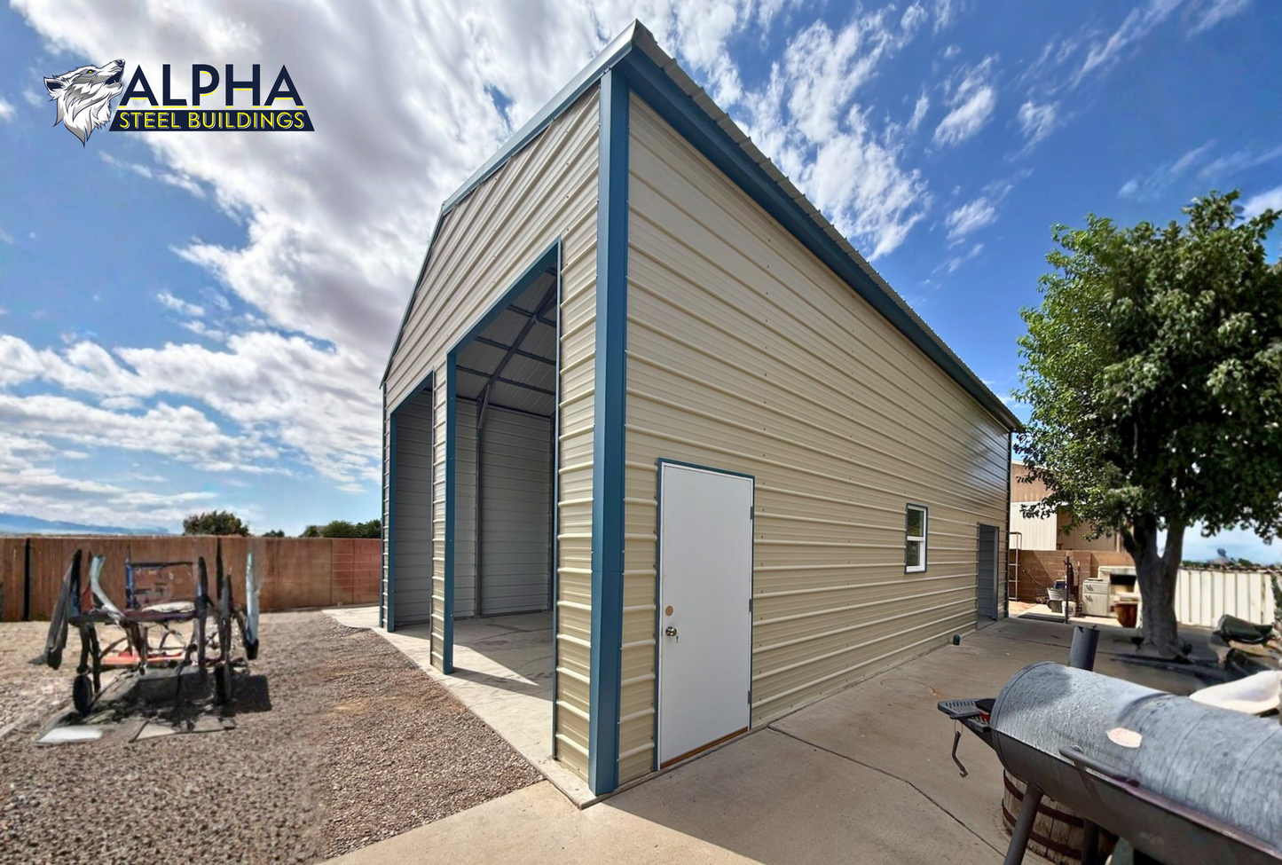 Side view of a 24'x35'x14' A-frame steel garage featuring a vertical roof, horizontal wall panels, walk-in door, window, and enclosed design.