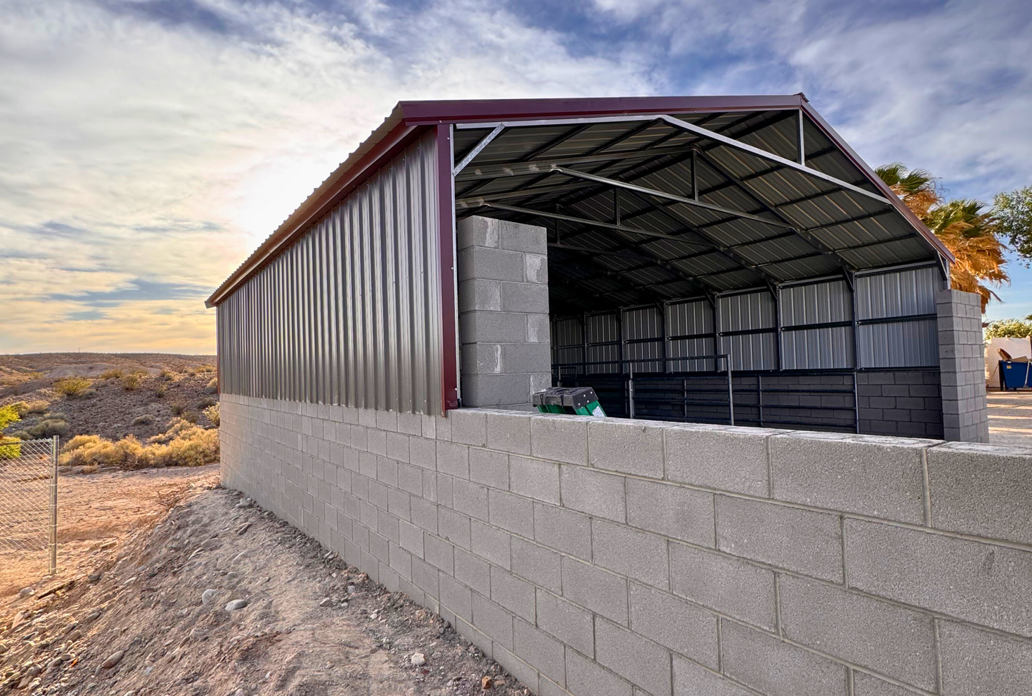 30'x35'x6' A-frame Style With Vertical Roof, Both Vertical Sides & Back Vertical End Closed, Front Left Angle View.