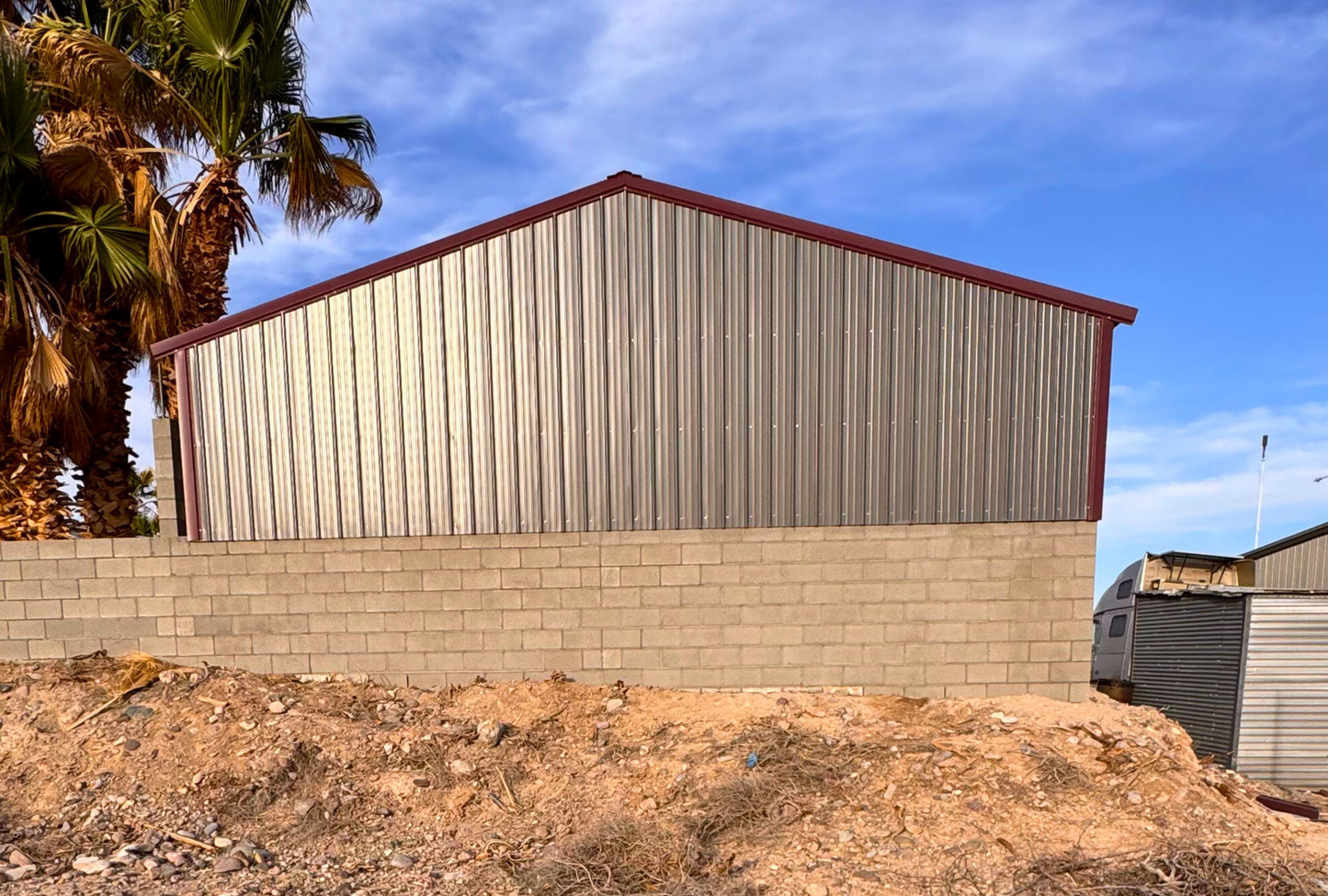30'x35'x6' A-frame Style With Vertical Roof, Both Vertical Sides & Back Vertical End Closed, Back Angle View.