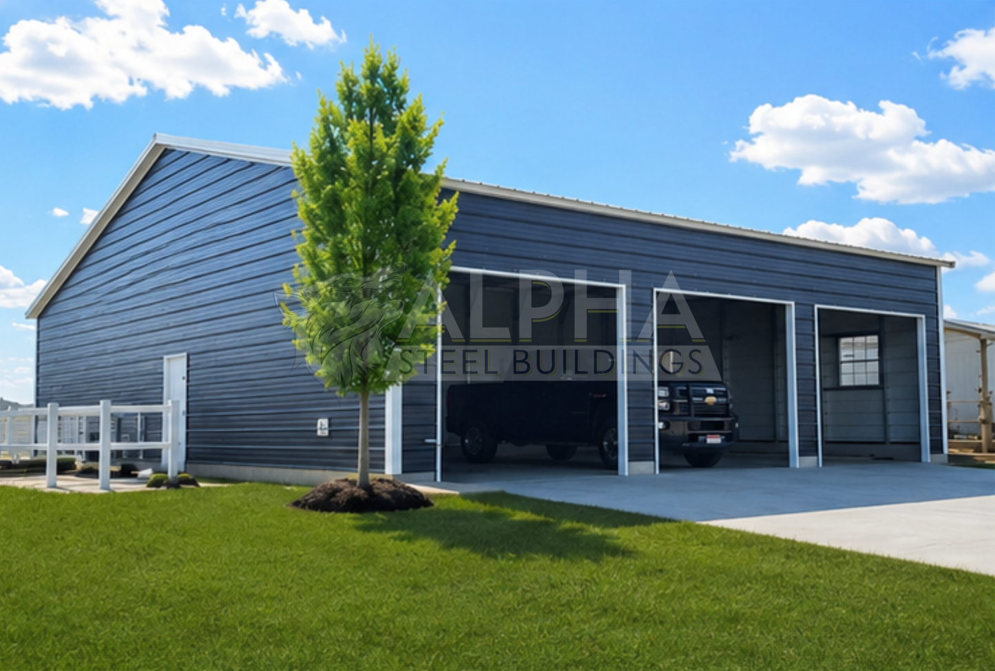 30x40x10 vertical roof steel garage shown from the left angle with three overhead door openings on the front.