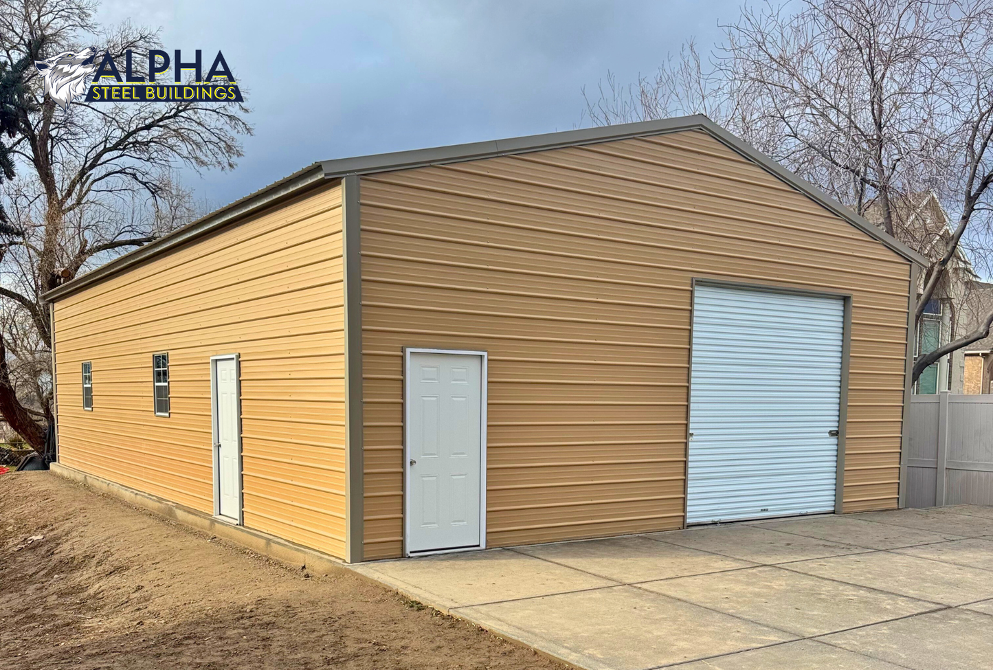 Close-up front left angle of 30x50 A-frame steel building highlighting vertical roof panels, windows, and entry doors