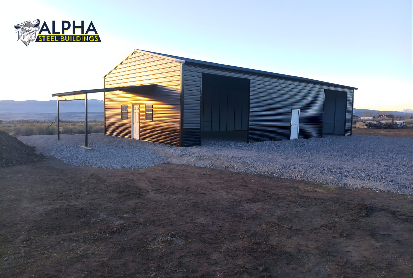 Right side view of a 30x60 A-frame metal building featuring 14-gauge steel, 50 lb ground snow load, overhead door frame-outs, windows, walk-in doors, and a 12x15 lean-to located on the end.