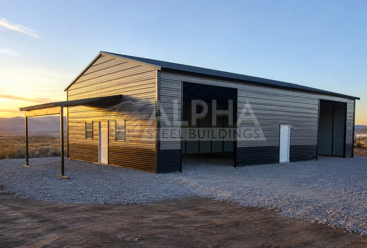 30x60x13 vertical roof steel building with 12x15 lean-to, horizontal wall panels, overhead door openings and walk-in doors