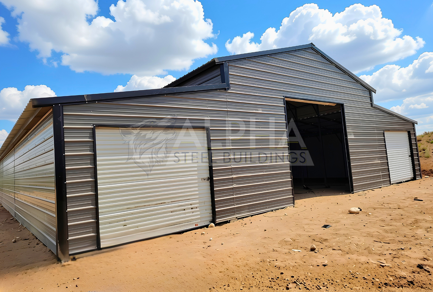 Front left angle view of 48x100x12 vertical roof steel barn building with enclosed lean-tos and multiple roll-up doors.