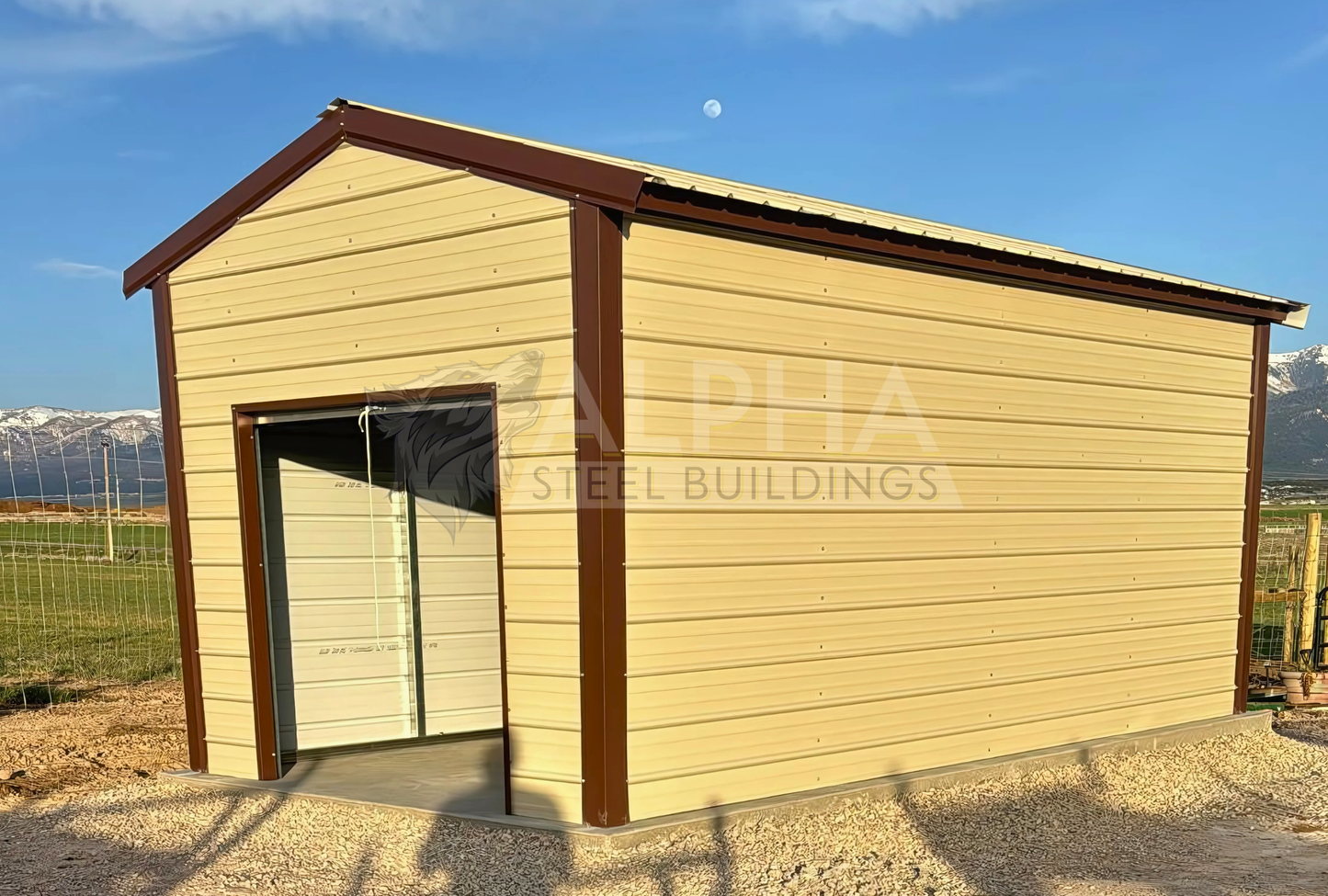 Back left angle view of 10'x20'x8' a-frame style vertical roof steel storage shed, closed on both sides and the ends, with one walk in door, two windows & one 6' x 6' roll-up door.