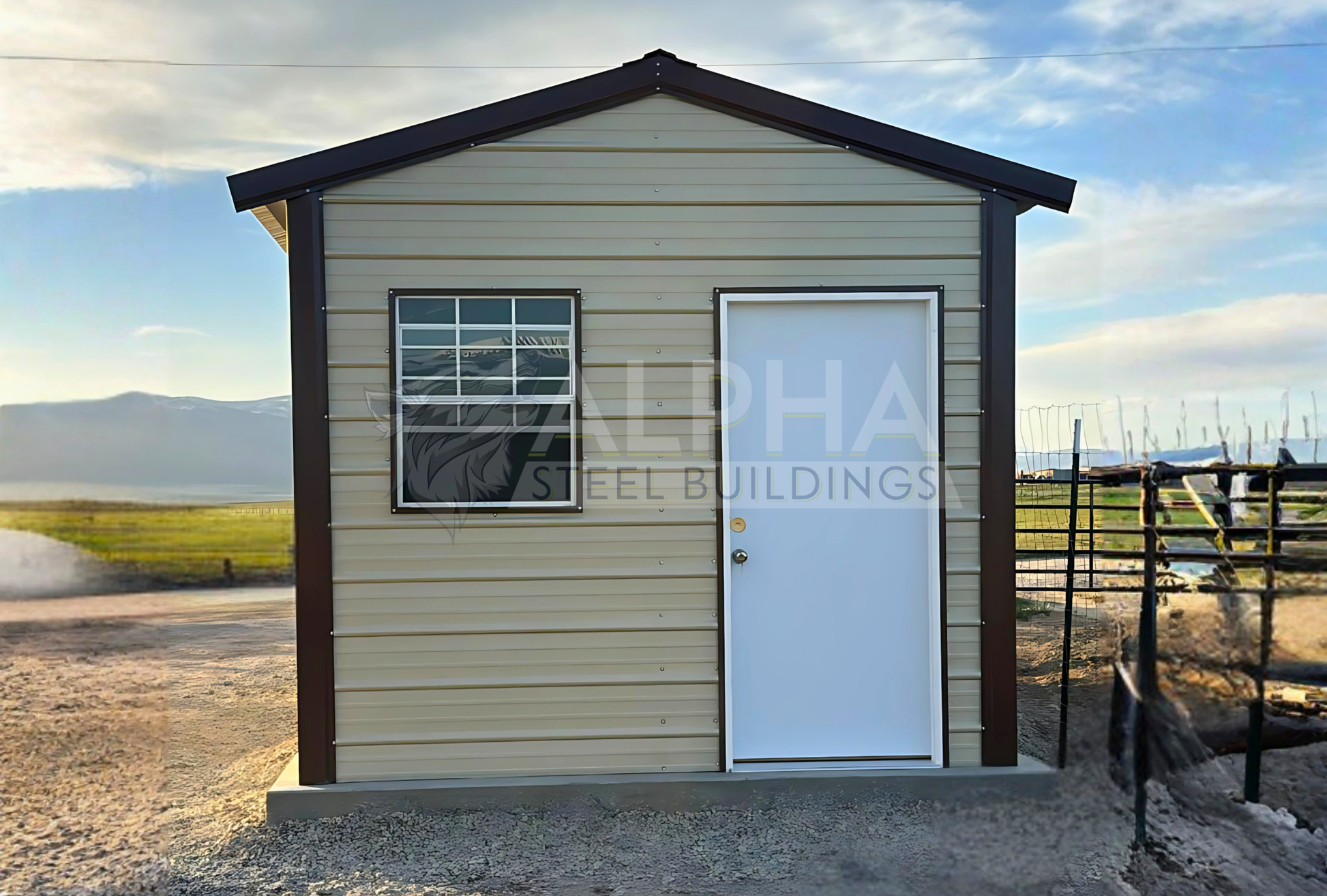 Front view of 10'x20'x8' a-frame style vertical roof steel storage shed, closed on both sides and the ends, with one walk in door, two windows & one 6' x 6' roll-up door.