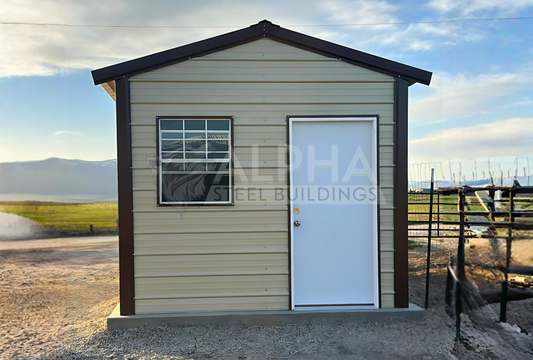 Front view of 10'x20'x8' a-frame style vertical roof steel storage shed, closed on both sides and the ends, with one walk in door, two windows & one 6' x 6' roll-up door.