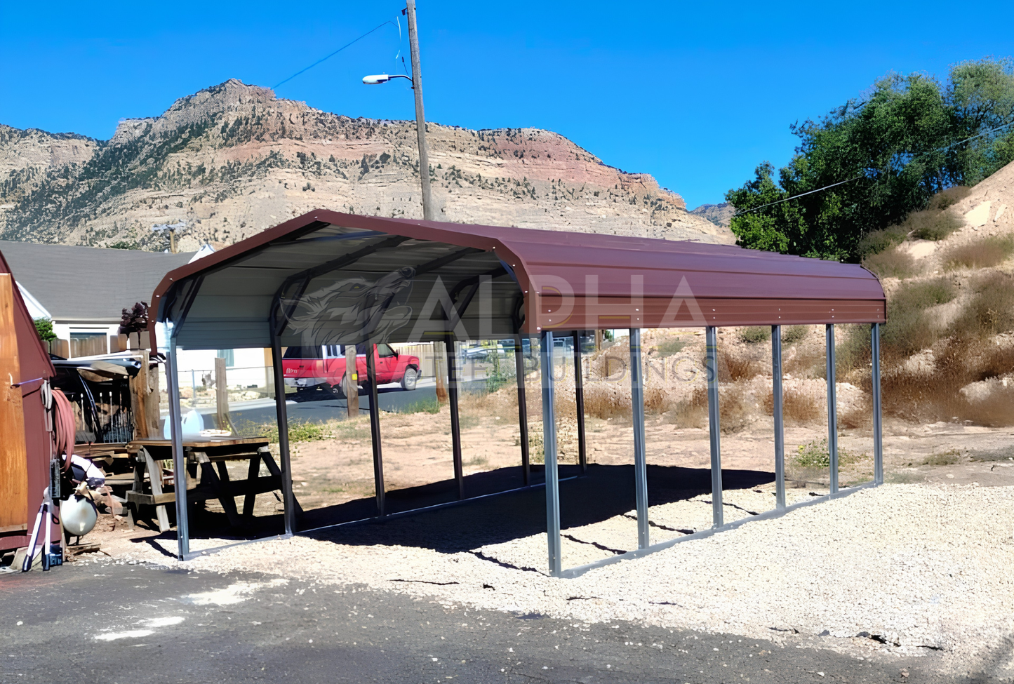 Front right angle view of 12'x20'x6' brown roof steel carport with open sides for vehicle protection