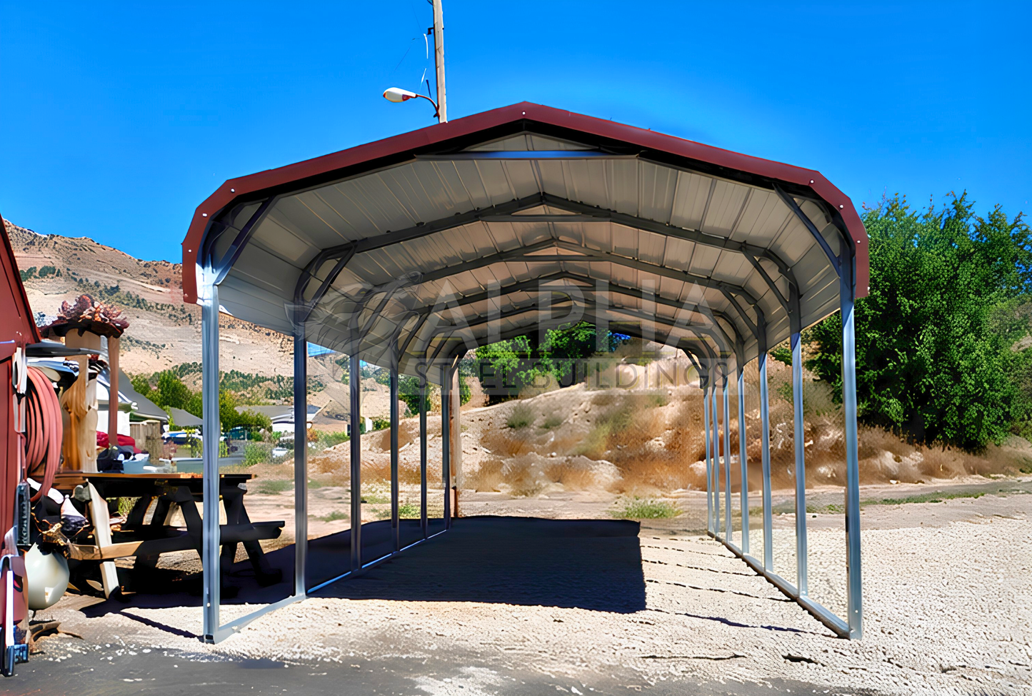 Front view of 12x20x6 regular roof steel carport front view with open sides