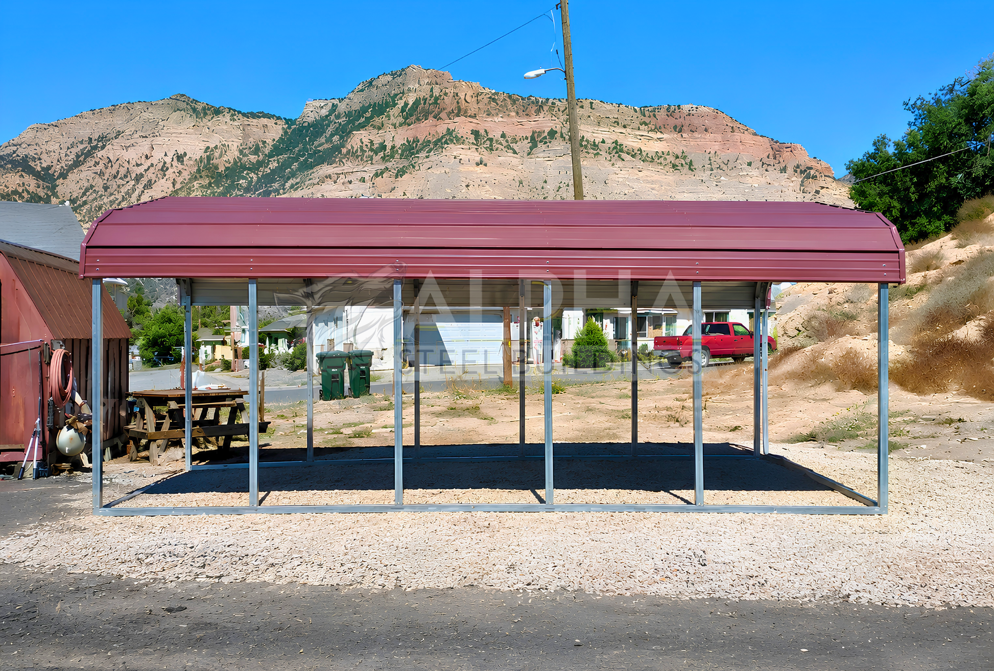 Side view of 12x20x6 regular roof steel carport front view with open sides