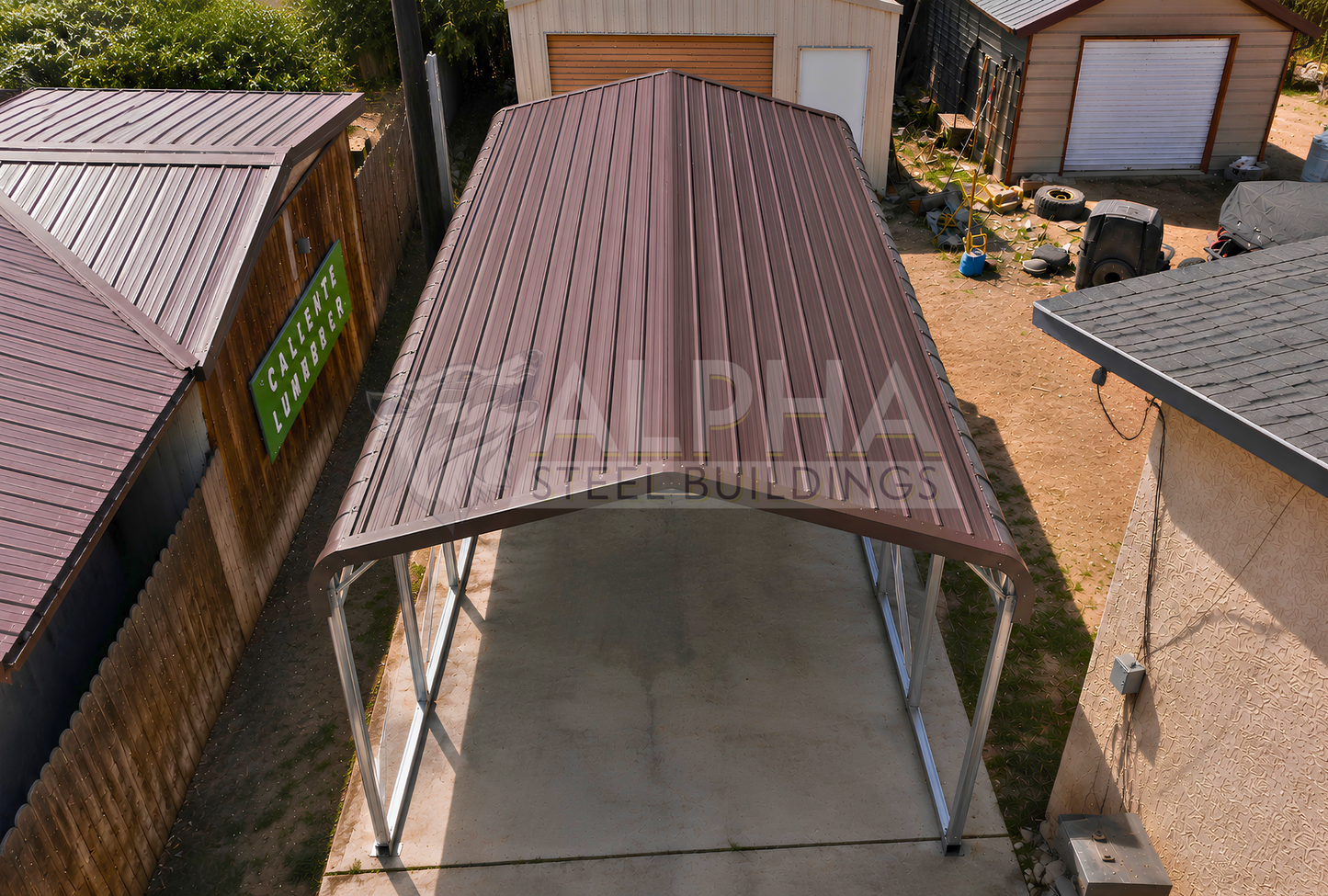 Elevated roof view of a 12x20x8 regular style steel carport showing the horizontal metal roof and open-sided steel frame.