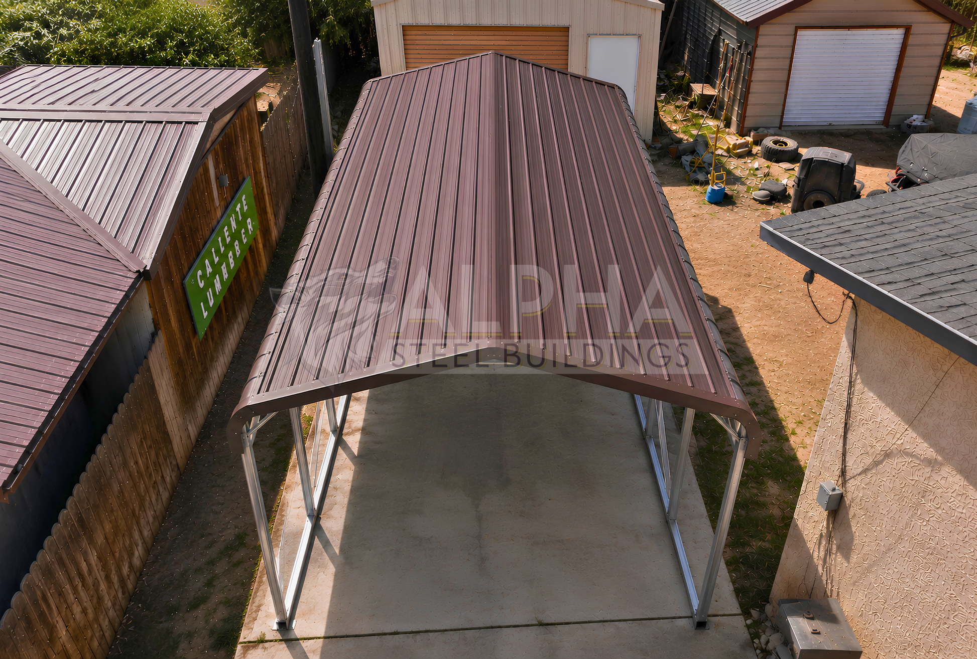 Elevated roof view of a 12x20x8 regular style steel carport showing the horizontal metal roof and open-sided steel frame.