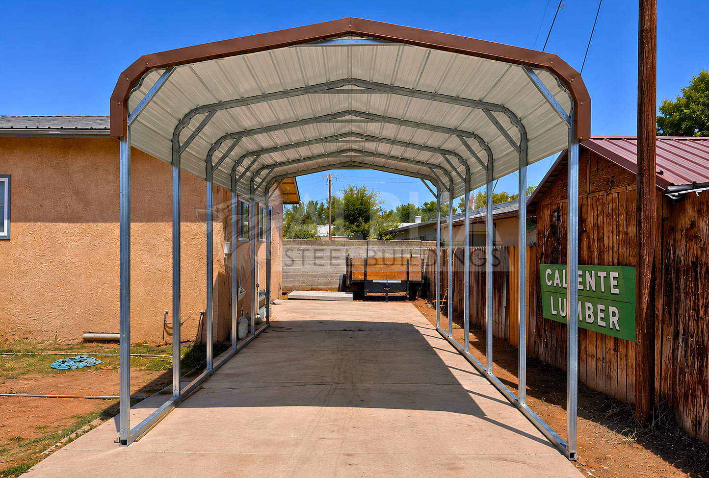 Rear view of a 12x20x8 regular style steel carport showing the horizontal roof, 14-gauge steel frame, and fully open sides and end.