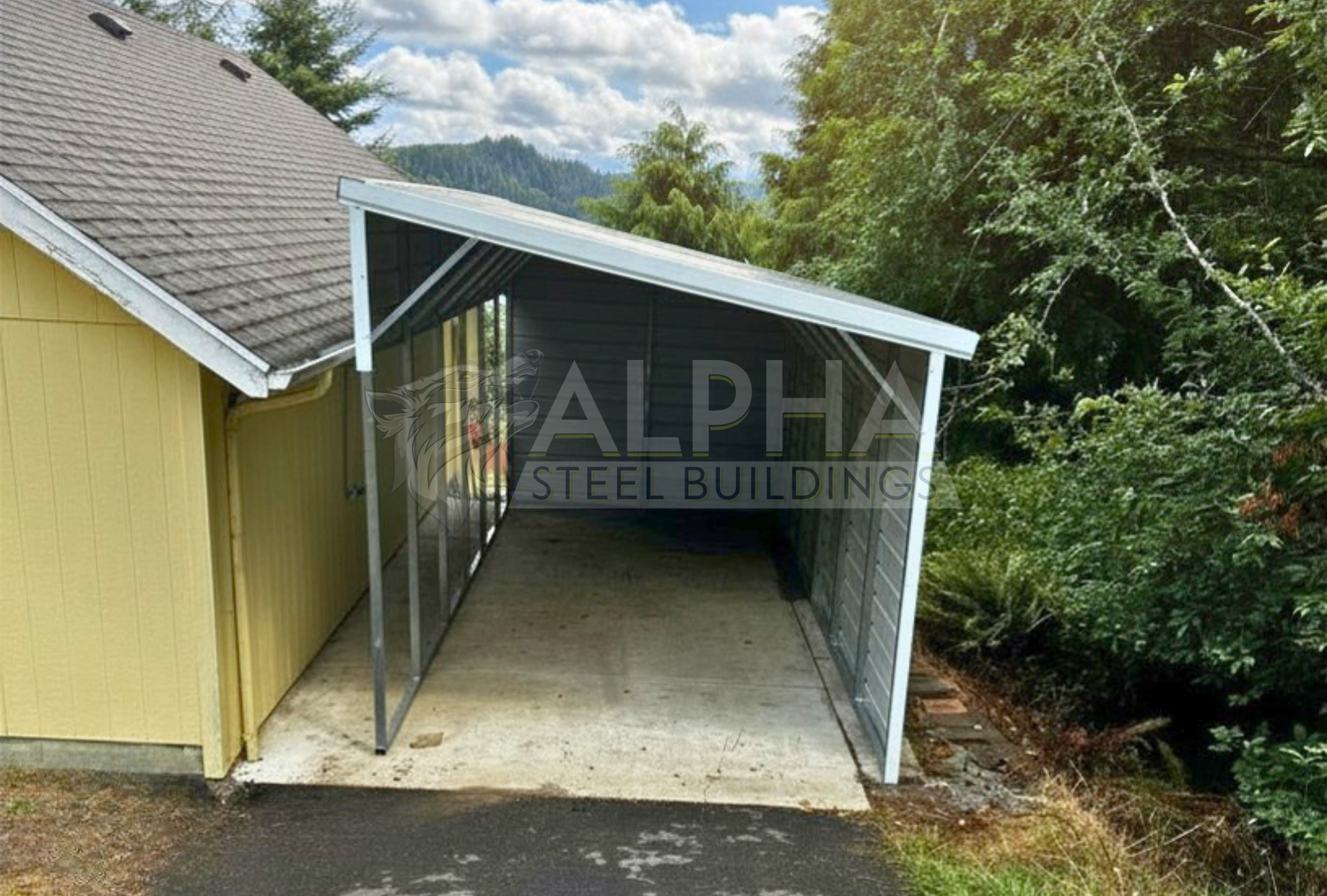 Front close up view of 12' x 30' x 11'-9' lean-to with vertical roof, one side closed, one extra panel and back end enclosed.