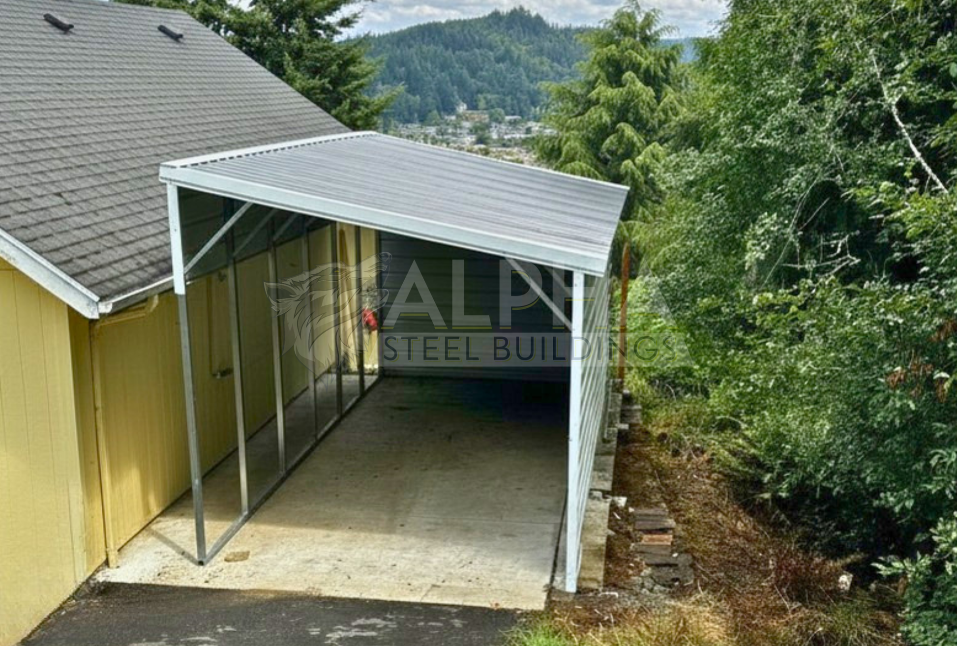 Front right angle view of 12' x 30' x 11'-9' lean-to with vertical roof, one side closed, one extra panel and back end enclosed.