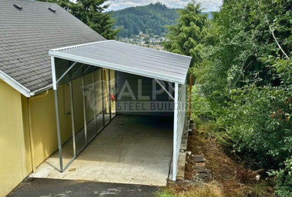 Front right angle view of 12' x 30' x 11'-9' lean-to with vertical roof, one side closed, one extra panel and back end enclosed.