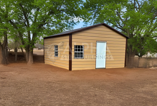 Front left angle close up view of 18'x20'x8' a-frame style horizontal roof, heavy duty to withstand the snow, closed on both sides and the ends, with one walk in door and one window.