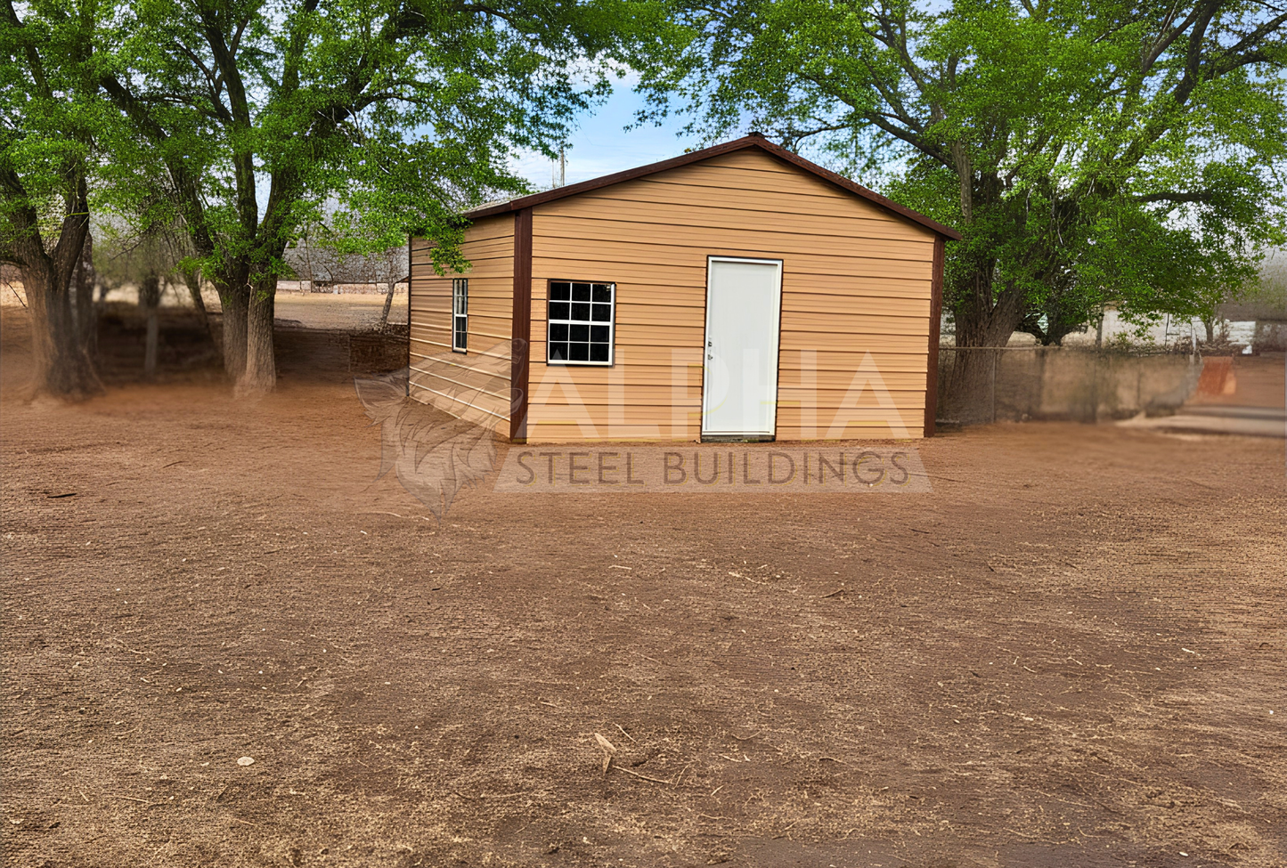 Front left angle view of 18'x20'x8' a-frame style horizontal roof, heavy duty to withstand the snow, closed on both sides and the ends, with one walk in door and one window.