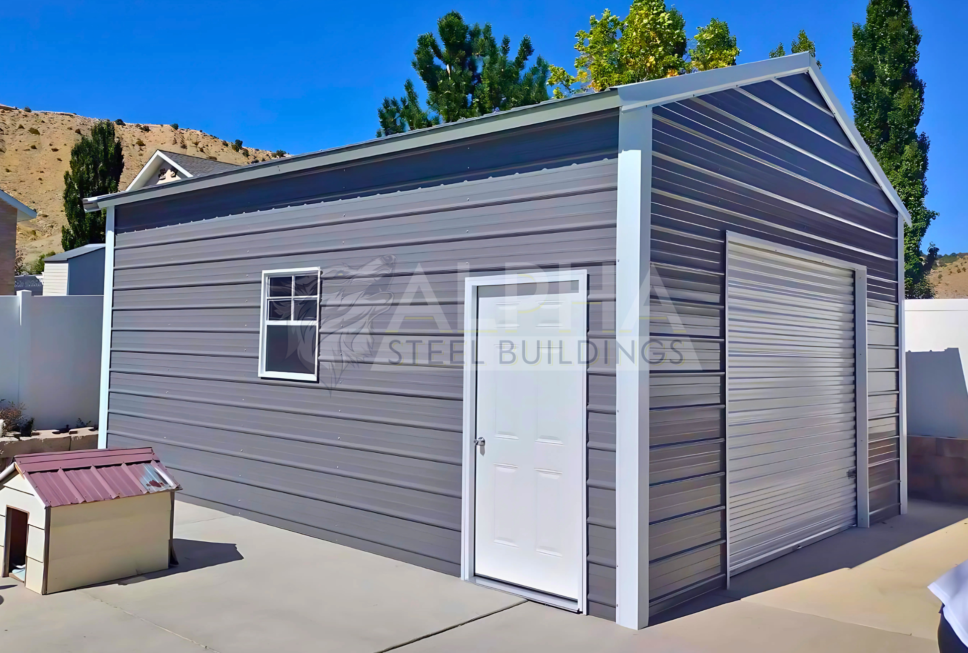 Front side angle view of an 18x25x10 vertical roof steel garage showing the 10x8 roll-up door, 36x80 walk-in door, 30x36 window, and horizontal wall panels.