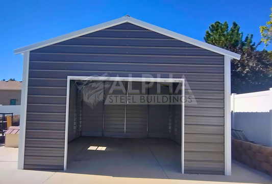 Front view of an 18x25x10 vertical roof steel garage showing the 10x8 roll-up door opening and horizontal end wall panels.