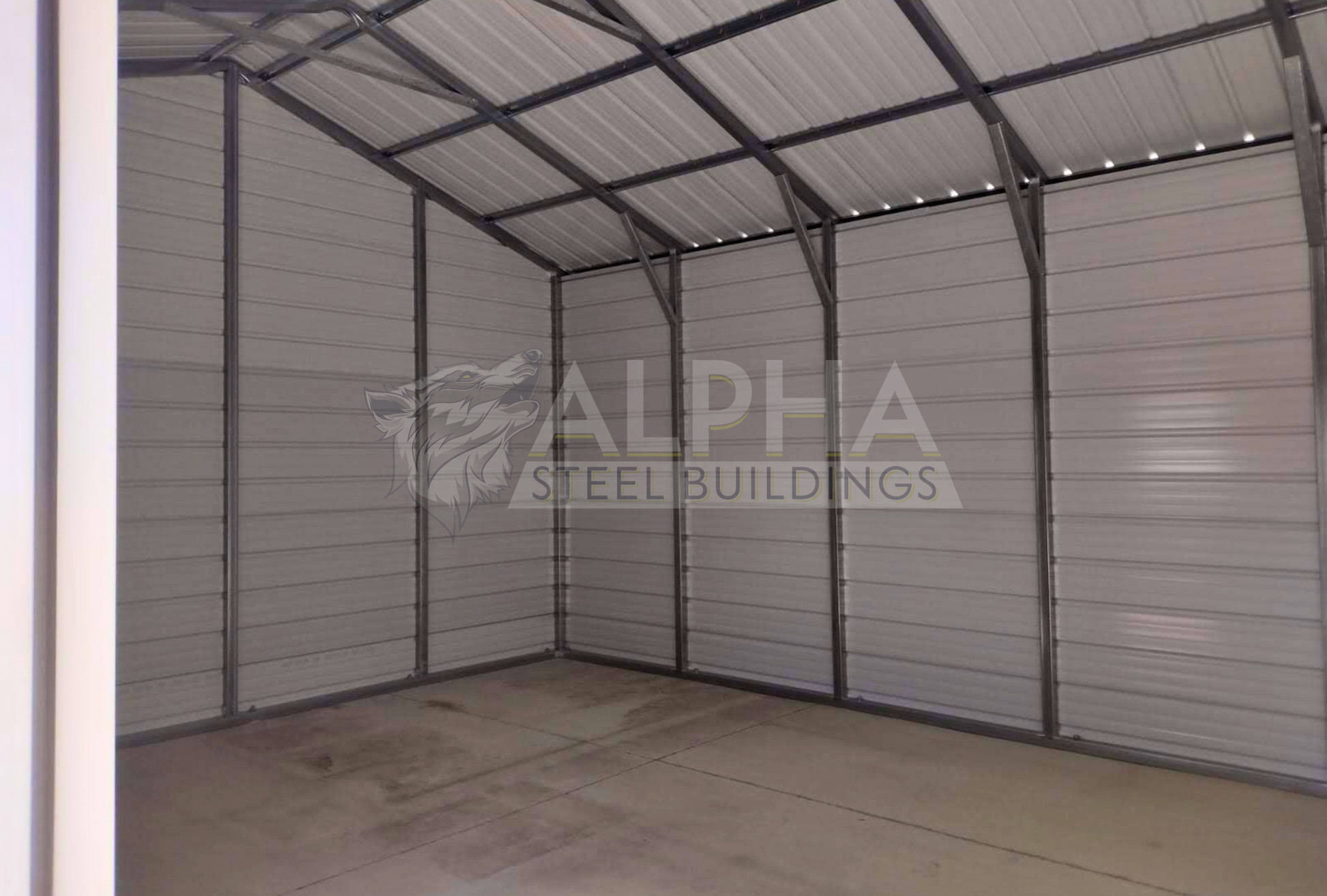 Interior rear view of an 18x25x10 vertical roof steel garage showing the horizontal wall panels, 14-gauge steel framing, knee bracing, and vertical roof system.