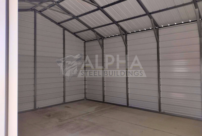 Interior rear view of an 18x25x10 vertical roof steel garage showing the horizontal wall panels, 14-gauge steel framing, knee bracing, and vertical roof system.