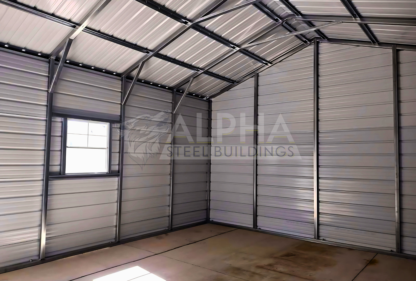 Interior side and end view of an 18x25x10 vertical roof steel garage showing the 14-gauge steel framing, horizontal wall panels, window, and vertical roof system.