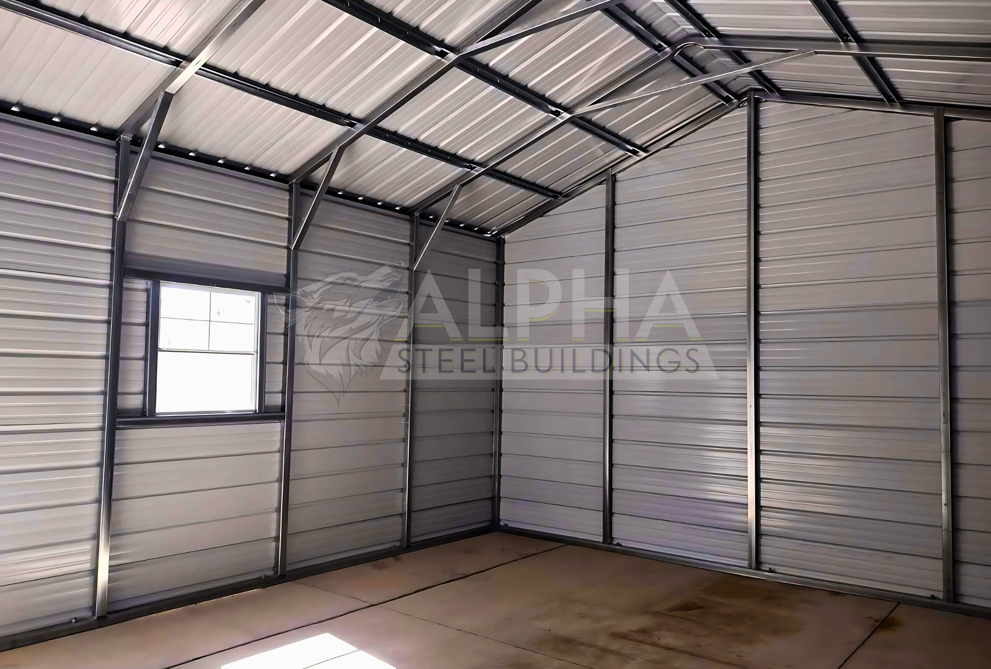 Interior side and end view of an 18x25x10 vertical roof steel garage showing the 14-gauge steel framing, horizontal wall panels, window, and vertical roof system.