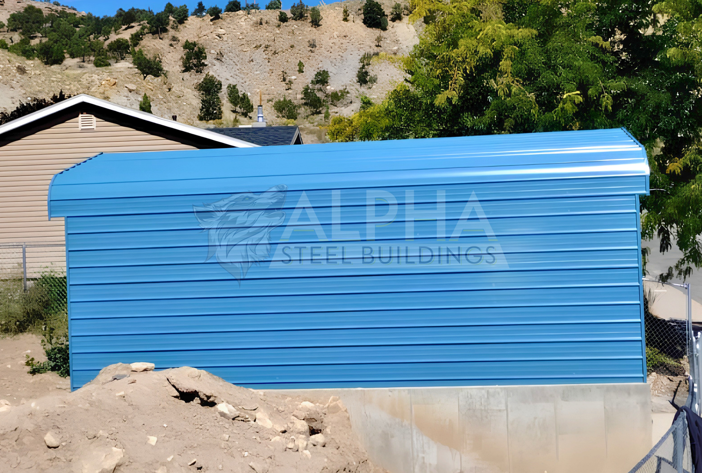 Left side view of 18'x25'x8' regular style horizontal rv cover - built on stem wall for extra height, closed on three sides.