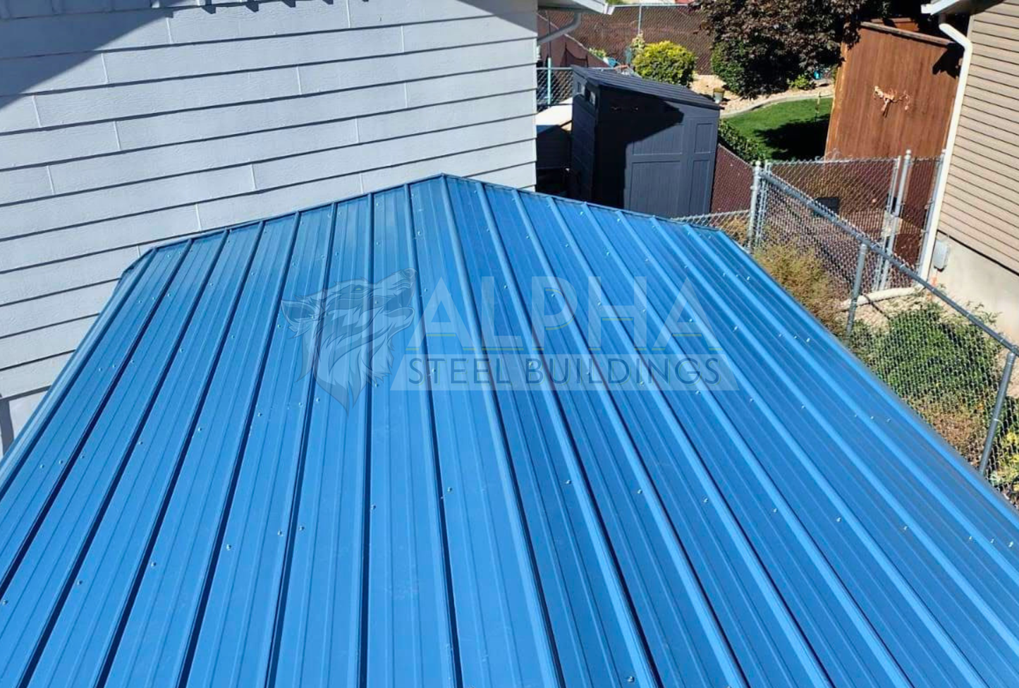 Top view of 18'x25'x8' regular style horizontal rv cover - built on stem wall for extra height, closed on three sides.