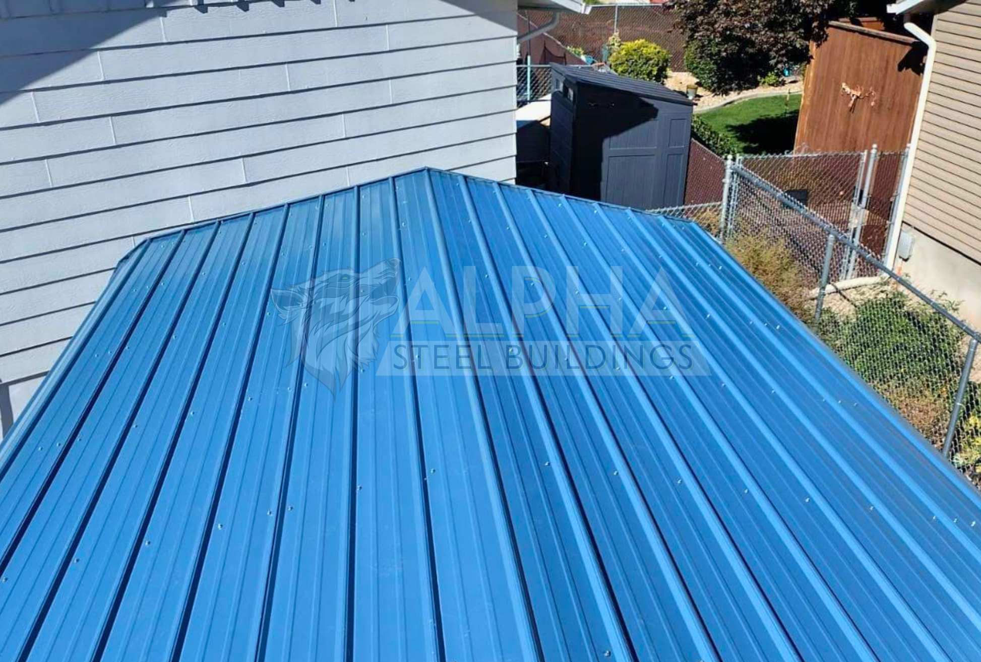 Top view of 18'x25'x8' regular style horizontal rv cover - built on stem wall for extra height, closed on three sides.