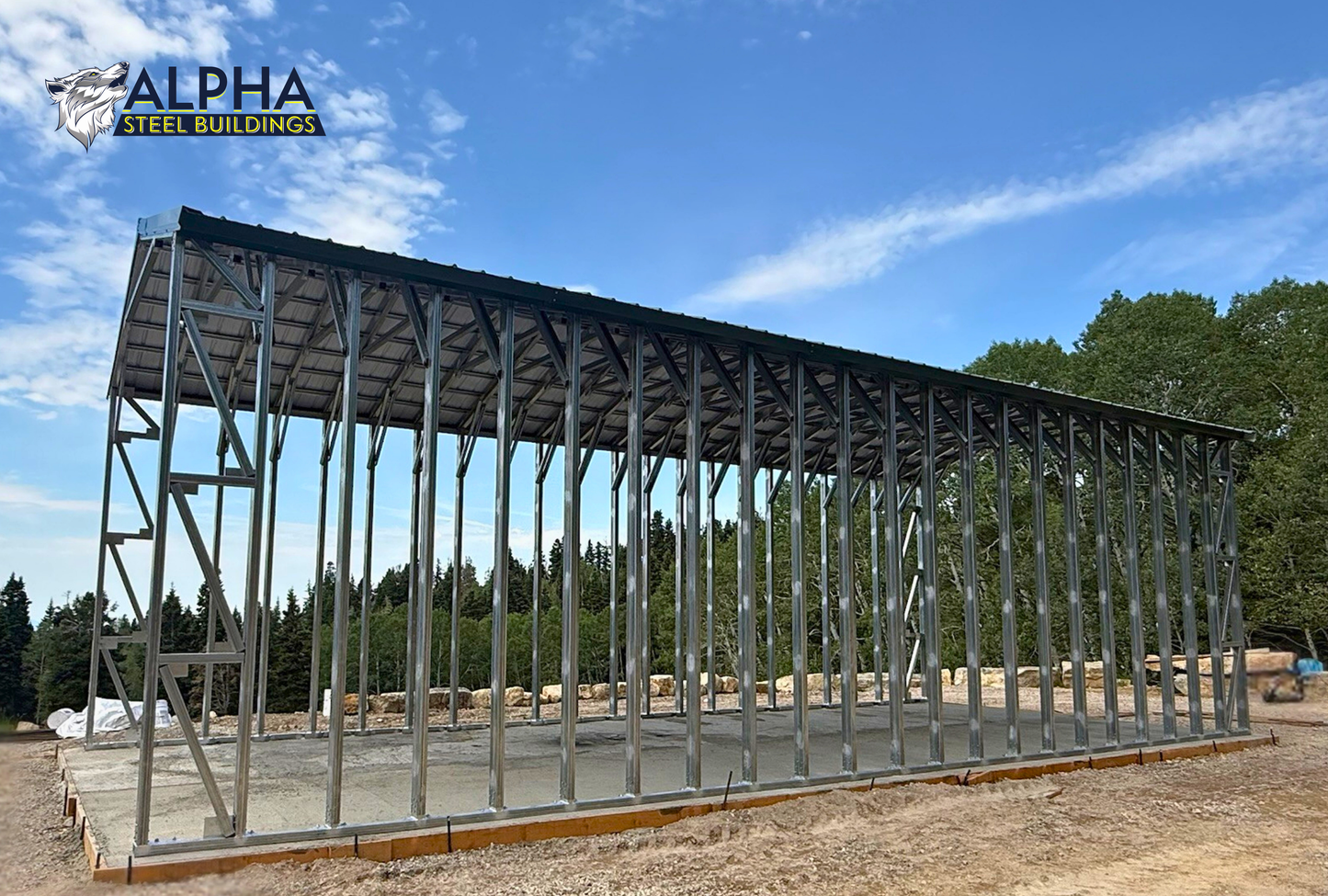 Angled side view of an 18'x44'x13' open steel carport with a vertical roof, heavy-duty 14-gauge framing, and engineered 156 PSF ground snow load rating.