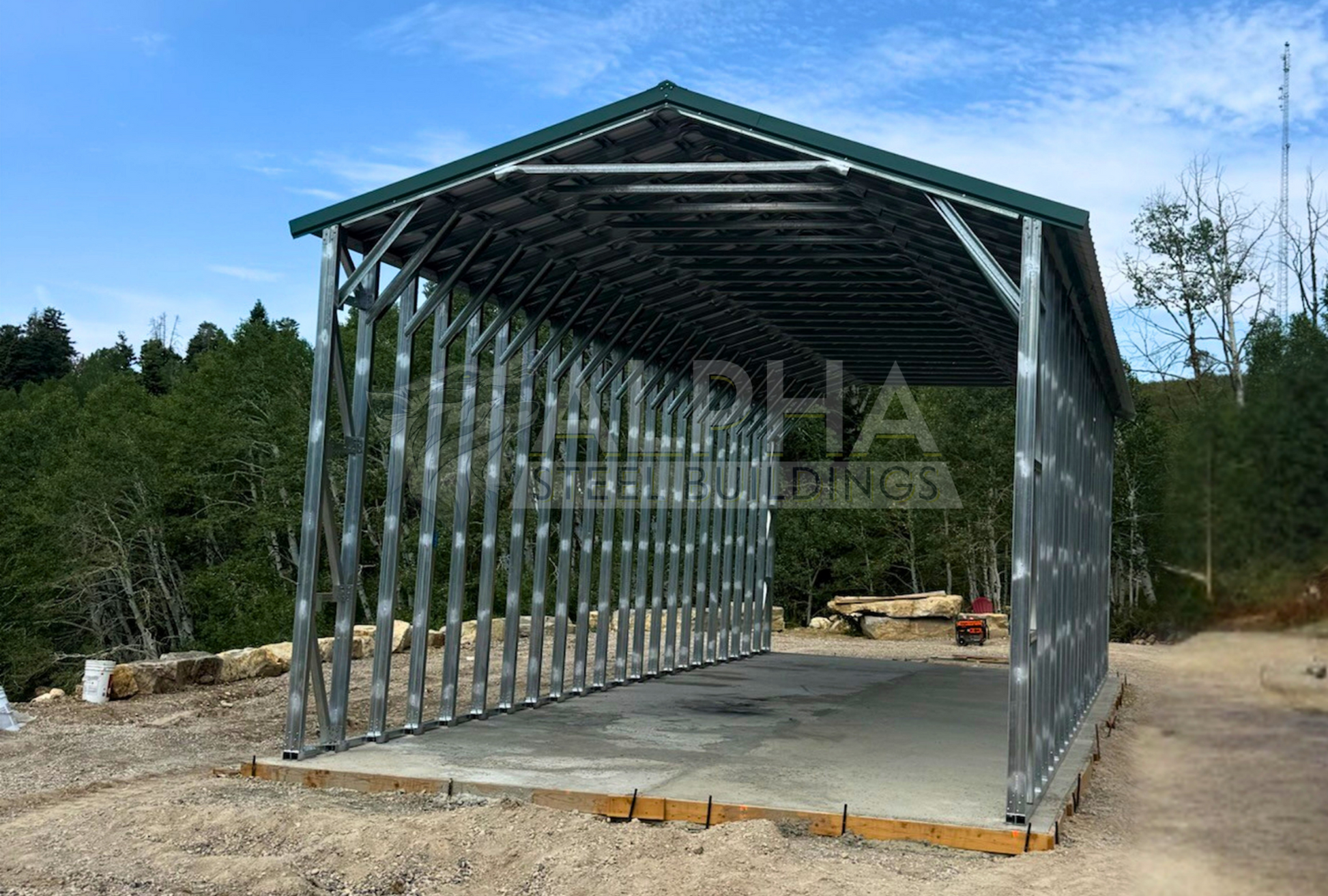 18'x44'x13' A-frame steel carport front angled view showing vertical roof, open sides and ends, and reinforced steel framing.