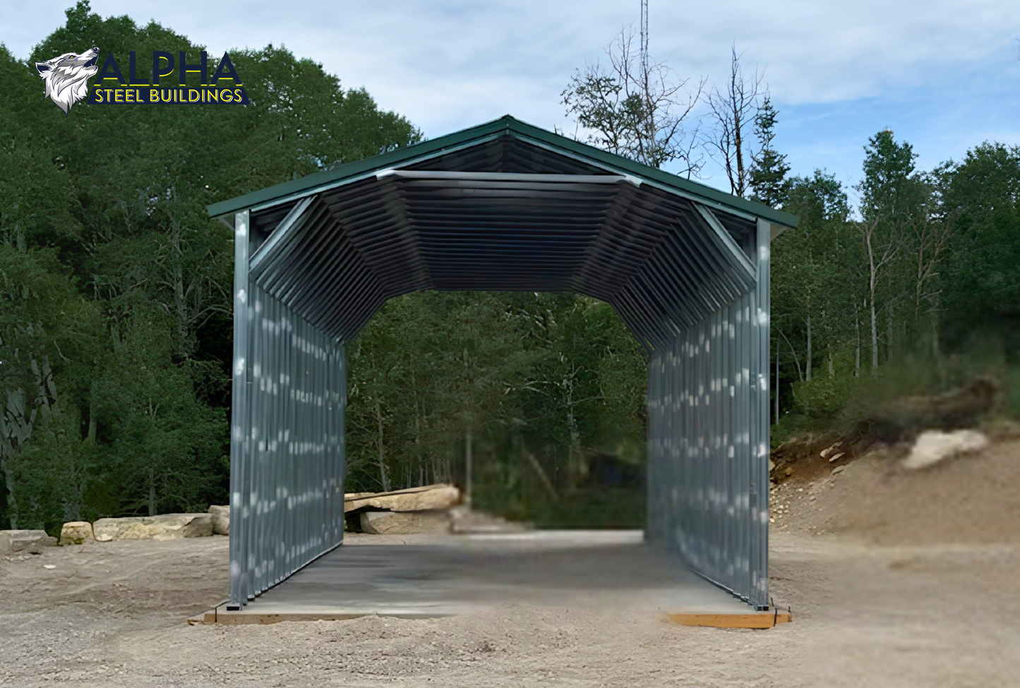 Side view of an 18'x44'x13' open steel carport with a vertical roof, heavy-duty 14-gauge framing, and engineered 156 PSF ground snow load rating.