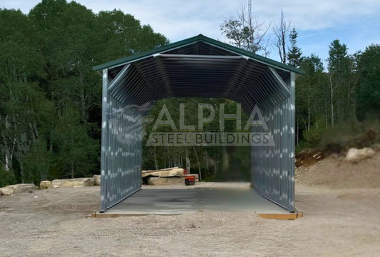 18'x44'x13' A-frame steel carport front view with vertical roof, open sides and ends, and heavy-duty steel framing.