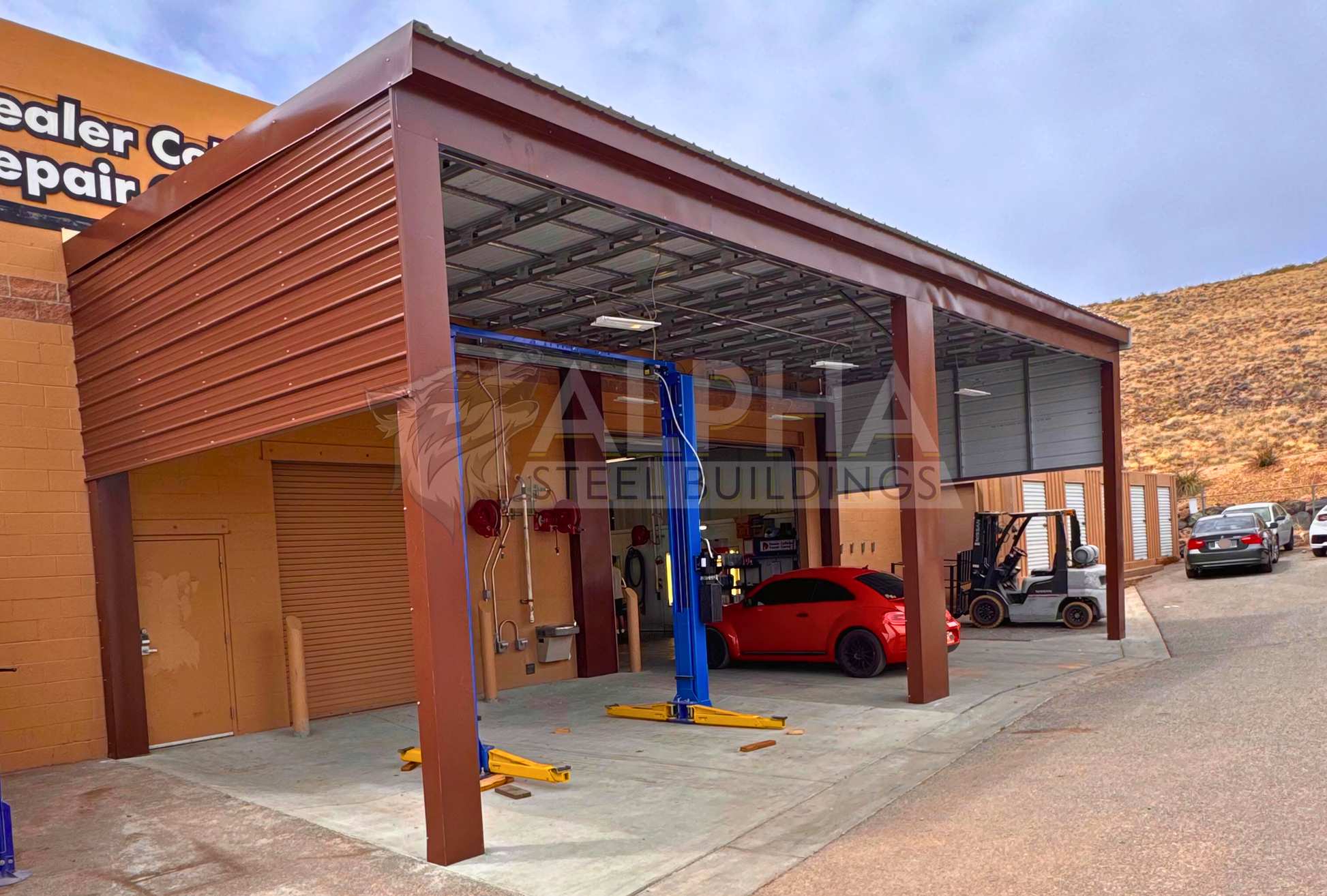 Front left angle view of ladder style lean-to with vertical roof, both ends partially enclosed 6' down, legs dressed with trim and special rake/bow eave trim.