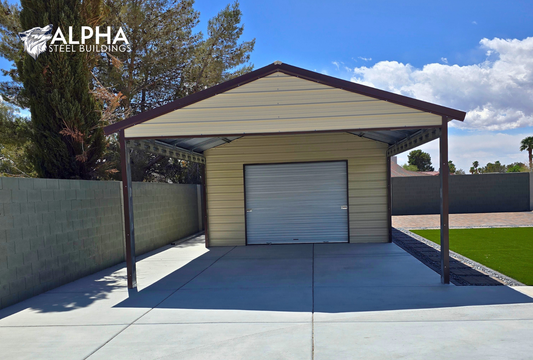 Front view of 18x55x9 A-frame steel garage with vertical roof, enclosed end wall, and 10x8 roll-up door.