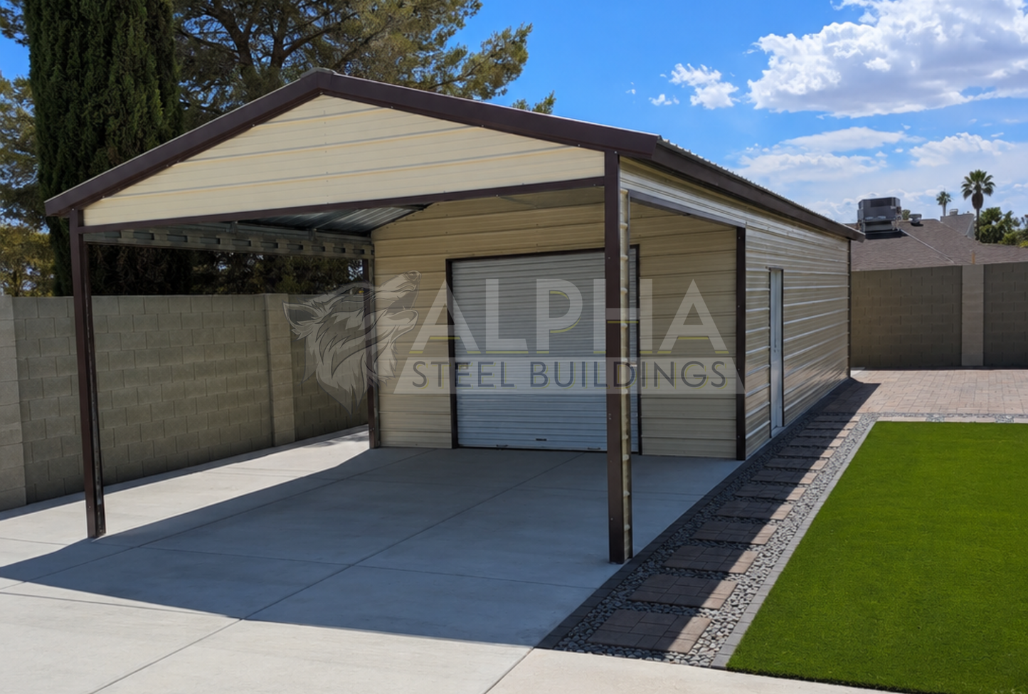 18x55x9 vertical roof steel garage front side view with covered section, 10x8 roll-up door, and walk-in door