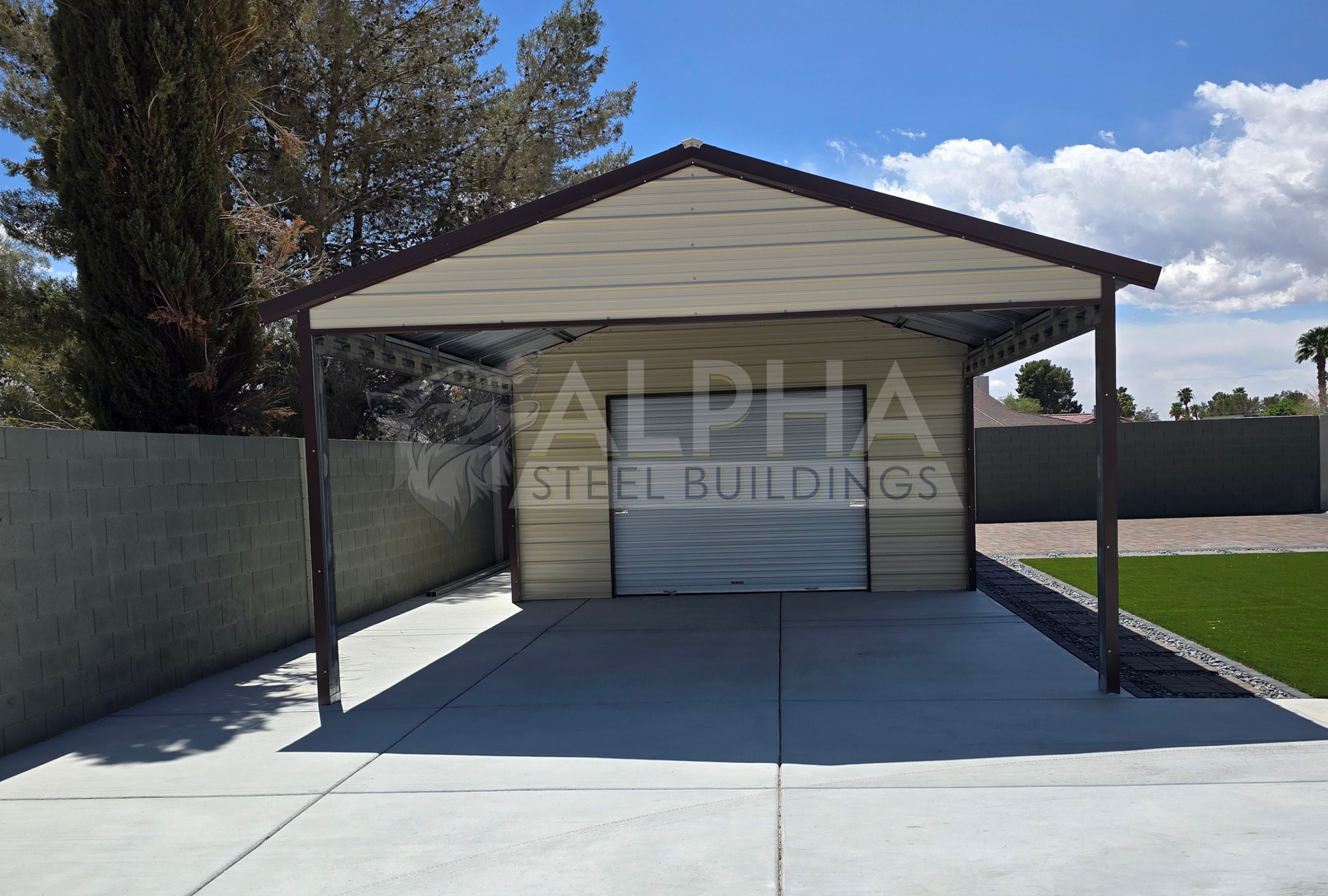 18x55x9 vertical roof steel garage front view with covered section and 10x8 roll-up door