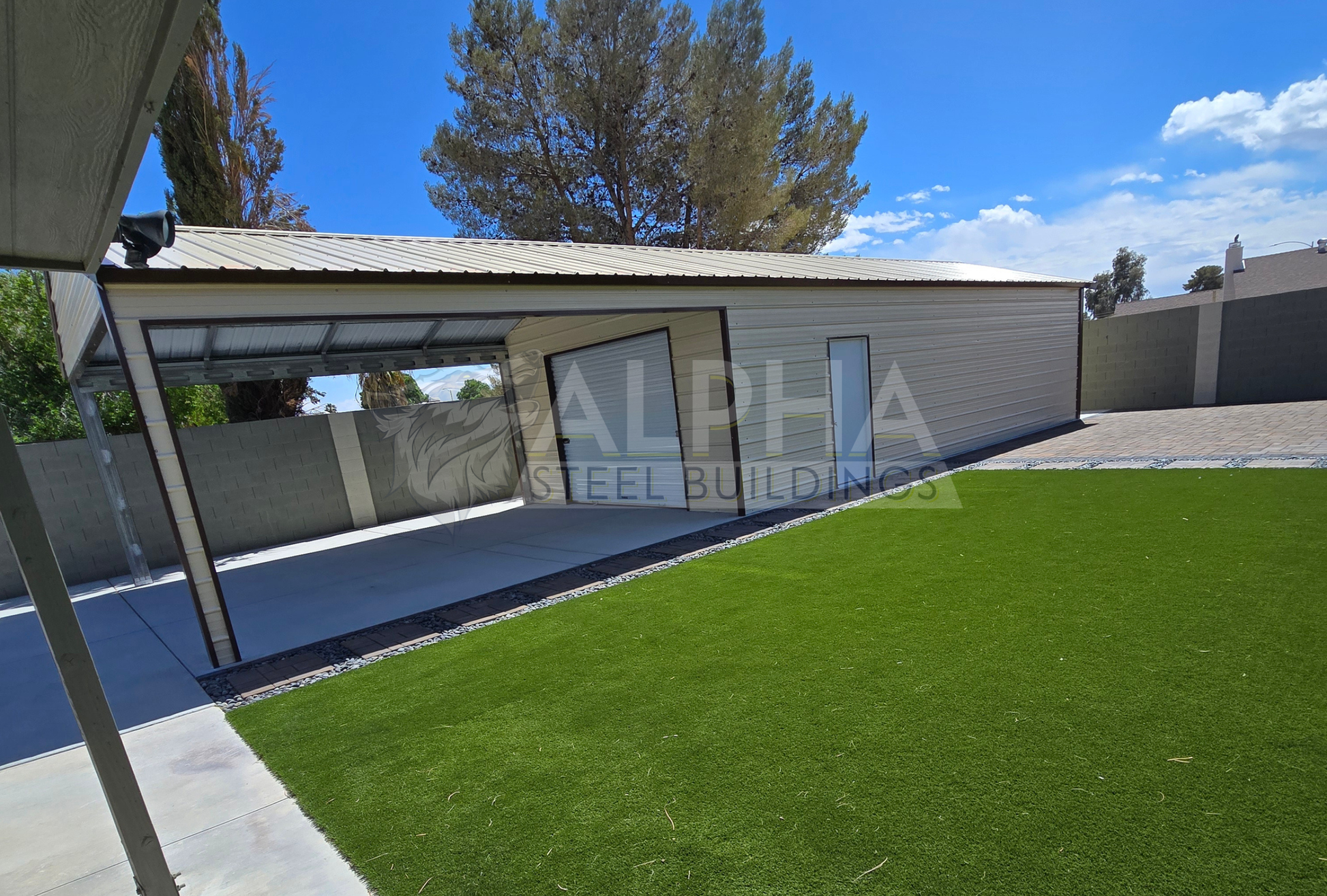 18x55x9 vertical roof steel garage side view with covered section, roll-up door, and walk-in door