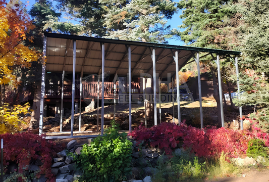 Right side view of 20'x25'x10' a-frame vertical roof rv cover, great protection against the elements.