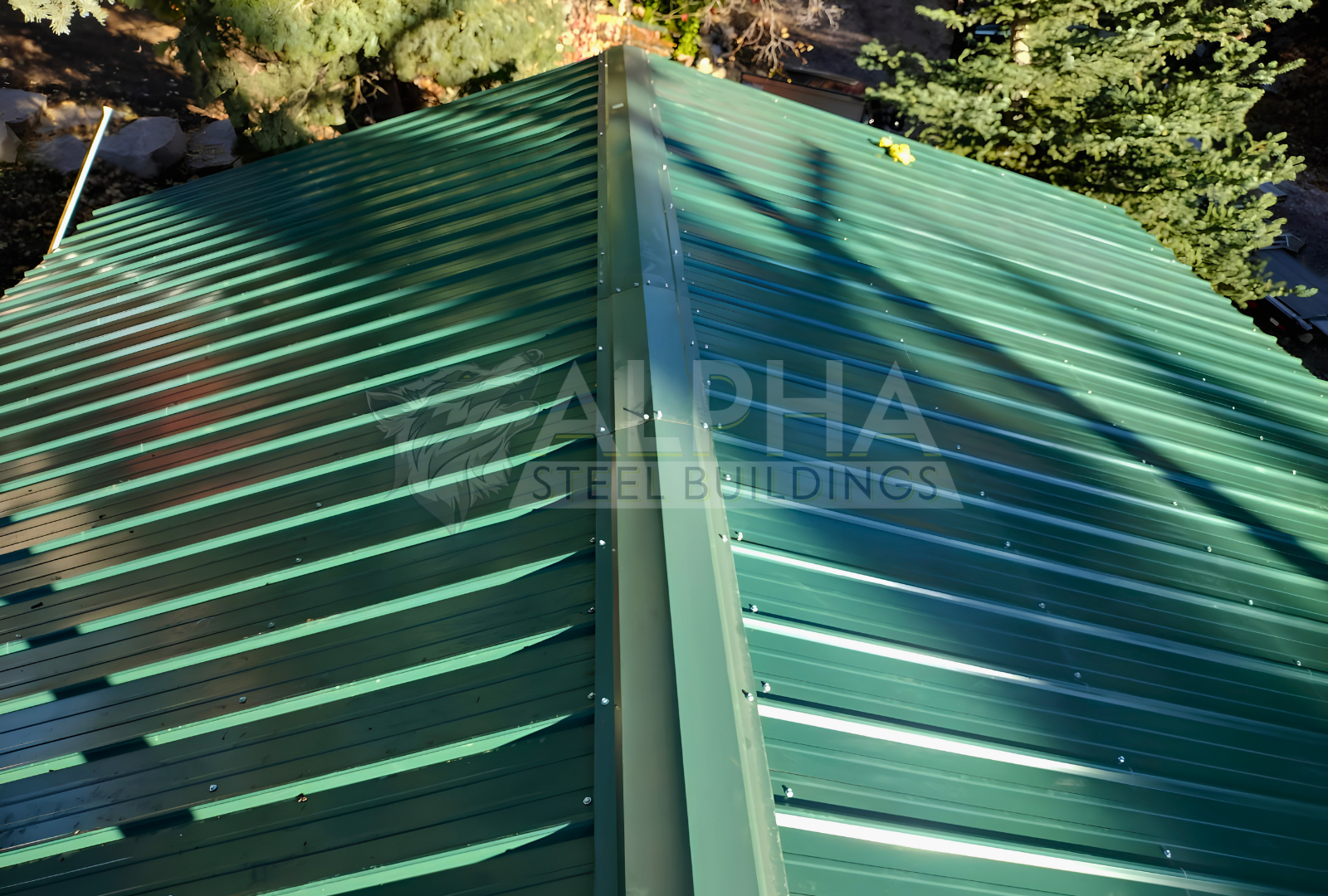 Top view of 20'x25'x10' a-frame vertical roof rv cover, great protection against the elements.