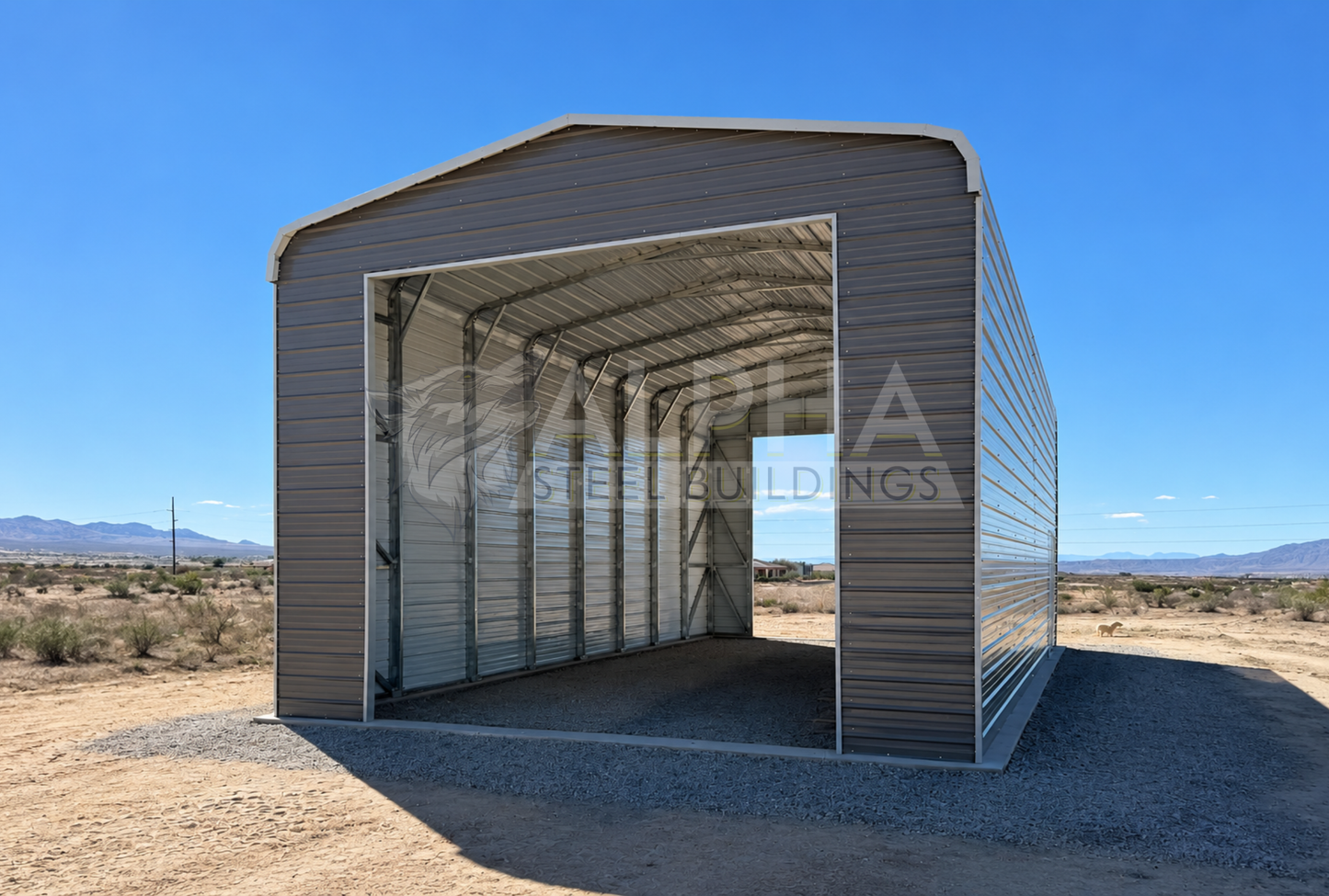 20x40x14 Regular Style steel building with horizontal roof, 14' x 14' overhead door frame out and horizontal panels, front right angled view