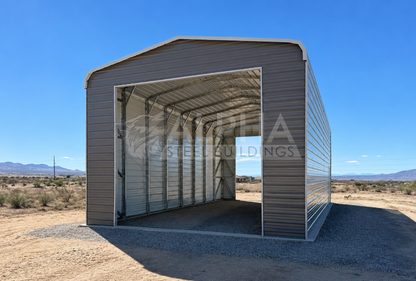 20x40x14 Regular Style steel building with horizontal roof, 14' x 14' overhead door frame out and horizontal panels, front right angled view