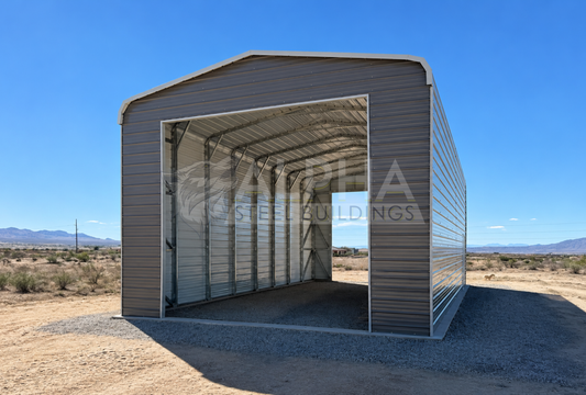 20x40x14 Regular Style steel building with horizontal roof, 14' x 14' overhead door frame out and horizontal panels, front right angled view