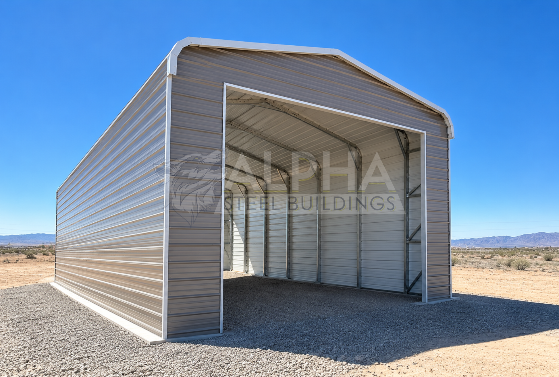 20x40x14 Regular Style steel building with horizontal roof, 14' x 14' overhead door frame out and horizontal panels, opposite end left angled view