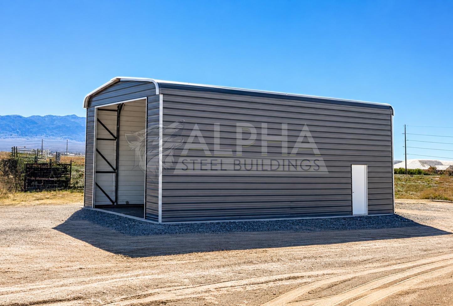 20x40x14 Regular Style steel building with horizontal roof, horizontal side panels and 36" x 80" walk-in door, side view angled toward front