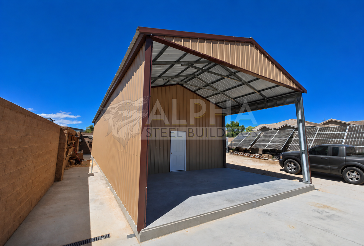 Front left angled view of 22x60x12 A-frame utility building with vertical roof, partially enclosed front, and side wall with vertical panels.